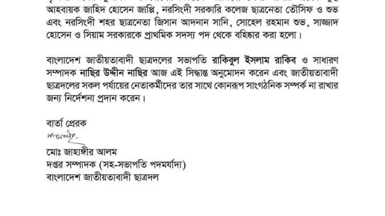 নরসিংদীতে জেলা ছাত্রদলের নেতা বহিষ্কার 